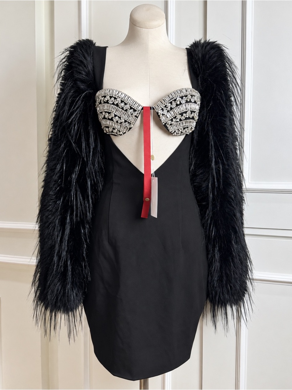 NWT Miss Circle Idonea Black Faux Fur Sleeve Crystal Bustier Mini Dress - Small